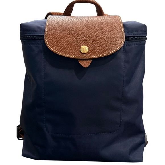 Longchamp Handbags - New Longchamp Le Pliage Folding Original M Backpack Navy Blue / Brown Leather